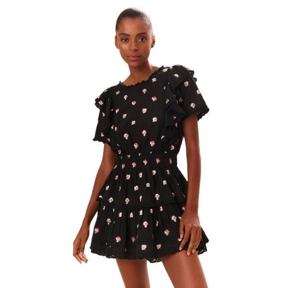 LoveShackFancy Short Sleeve Ruffle Mini Natasha Dress Black Combo Floral Size XS - Picture 1 of 7